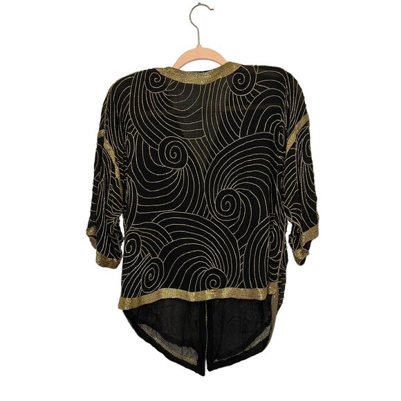 St. Honore Vintage Black & Gold Silk Beaded Flapper Jacket Top - Picture 4 of 8